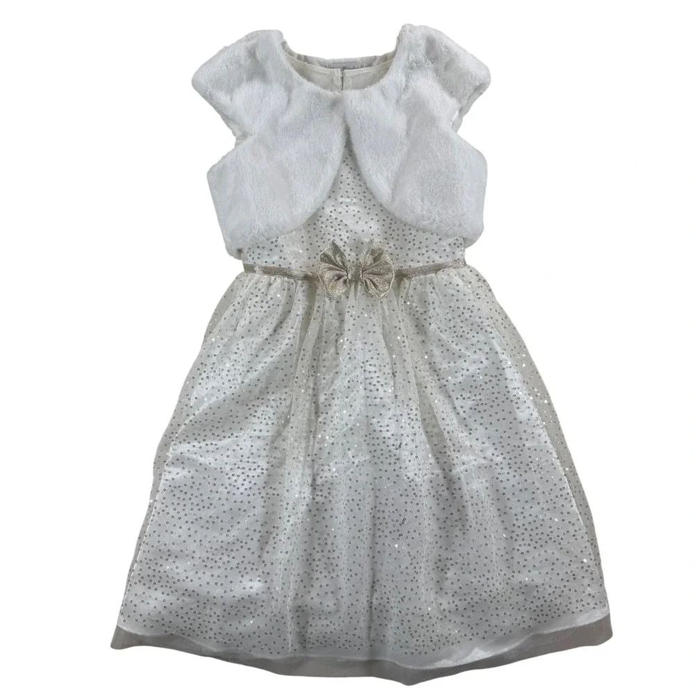 Jona Michelle Girls Sequin Party Dress with Faux Fur Bolero Shrug White Size 12‎